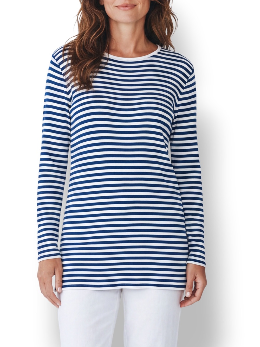 4/$20 Vintage Carole Little Knitwear Blue White Striped Tunic Sweater L USA Made